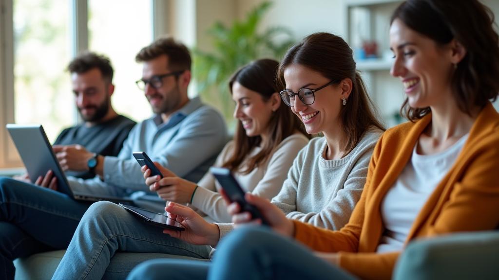 A diverse group of adults (35+) engaging with digital wellness interfaces on tablets and laptops, displaying health metrics and community forums. The scene is brightly lit and modern.